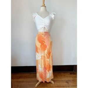 Vintage 90’s Orange Tropical Leaf Maxi Skirt